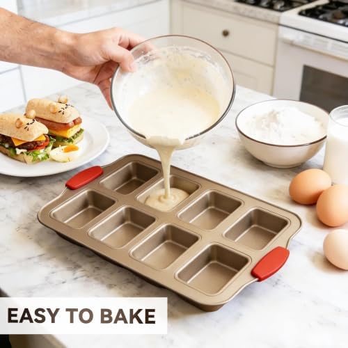 2 Pack Mini Loaf Pans, 8 Cavity Loaf Baking Pans With Silicone Handle, Gold