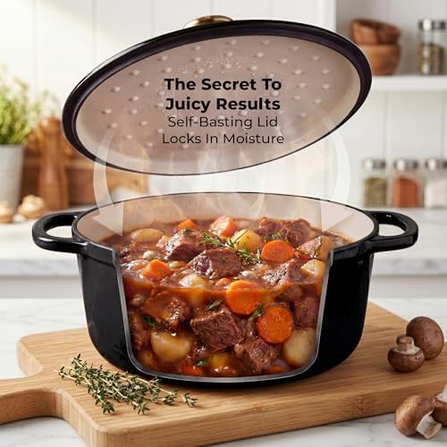 Zulay Kitchen 6.4 Quart Enameled Cast Iron Dutch Oven Pot with Lid – Premium Durability & Oven Safe up to 500°F – Heavy Duty Cookware Perfect for Bread Baking, Stews, Braising & Roasting - Black