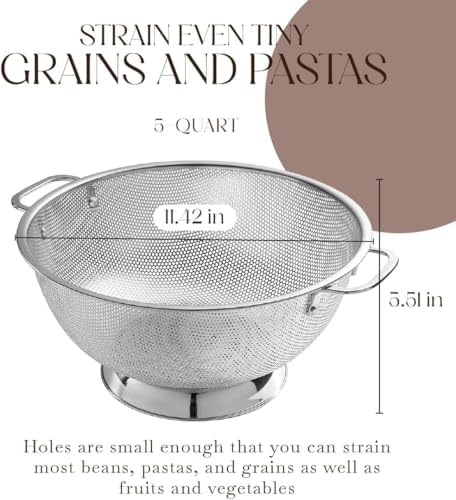 Bellemain Colander for Kitchen – 5 Qt Stainless Steel Strainer with Handle - Pasta Strainer Bowl for Pasta, Spaghetti, Vegetables, Fruit, and Pot Draining - Stainless Steel Colander (Pack of 2)