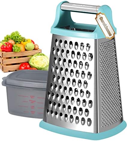Ourokhome Cheese Grater with Handle, Stainless Steel Box Grater, 4 Side Kitchen Vegetable Shredder Slicer Zester with Container for Parmesan, Cabbage, Ginger, Lemon, Chocolate, Coconut (Teal)