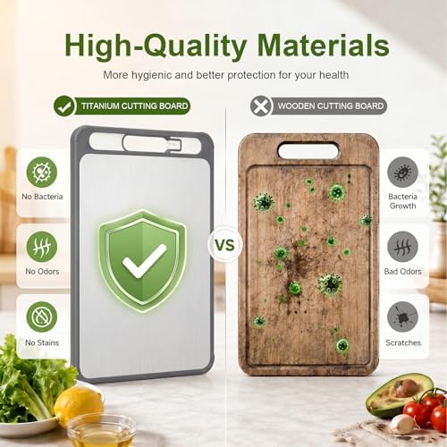 Titanium Cutting Board for Kitchen, Double-Sided Titanium and PP Cutting Board with Knife Sharpener, Grinding Area, Juice Groove, Kitchen Towel Included, Large 15" × 10.4", Easy-Clean Chopping Board