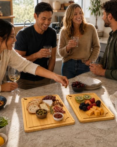 Extra Large and Large Cutting Board Set of 2, Bamboo Cutting Board Set with Deep Juice Groove Side Handles,Butcher Block Style for Kitchen,Charcuterie, Meat, Vegetables and Fruit