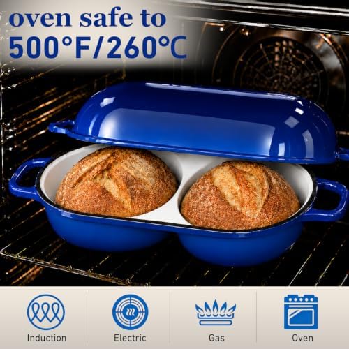 Double Dutch Oven for Sourdough Bread Baking,2.2QT Enameled Cast Iron Dutch Oven Pot with Lid,500°F Oven Safe Non Stick Bread Loaf Pan,Sourdough Baking Pan for Homemade Baking（blue）