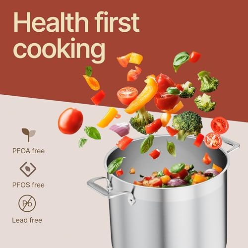 Stainless Steel Stockpot with Lid 12 Quart, Durable 18/8 Stainless Steel, Impact-Bonded Base for Even Heating, Riveted Handles, Oven & All Stove Compatible, Safe Up To 500°F (260°C)