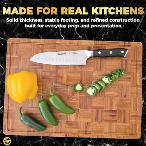 SliceElite Extra Large Bamboo Cutting Board Set 3 Piece End Grain Wooden Chopping Boards with Holder Non Slip Feet Juice Groove XL Butcher Block Style Boards for Kitchen Carving and Serving