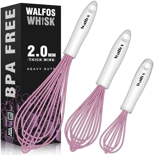 Walfos Whisk, Silicone Whisks for Cooking & Baking Non Scratch Rubber Coated Pink Whisk for Non-stick, Perfect for Frothing, Blending, Beating and Whisking (3pack Pink)