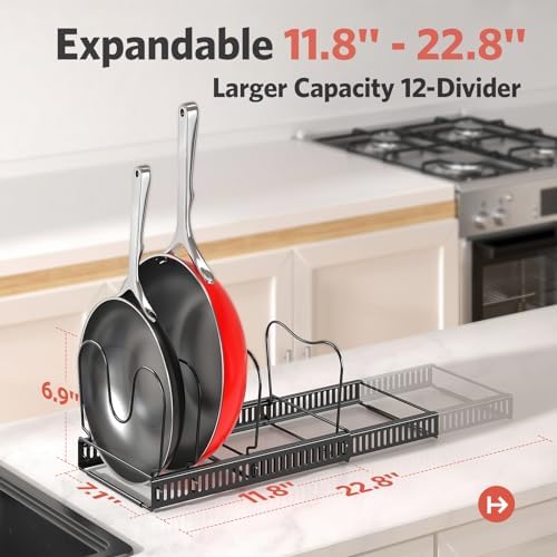 ORDORA Pots and Pans Organizer under Cabinet, 11.8-22.8" 12 Dividers Black