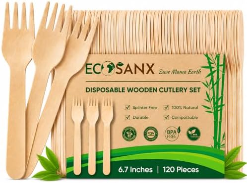 ECOSANX® 120 PCs Wooden forks for eating 6.3" Splinter Free Compostable Forks, Eco-Friendly Wooden Cutlery for Party & Outdoor, Disposable forks for Camping, Events & More