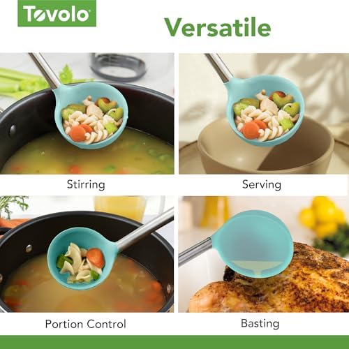 Tovolo Silicone Ladle With Stainless Steel Handle Deep Soup Ladle for Cooking Canning Serving Soup Punch Stew Sauce, Large Kitchen Utensil Spoon Dishwasher Safe BPA Free Silicone Aqua Seafoam Green