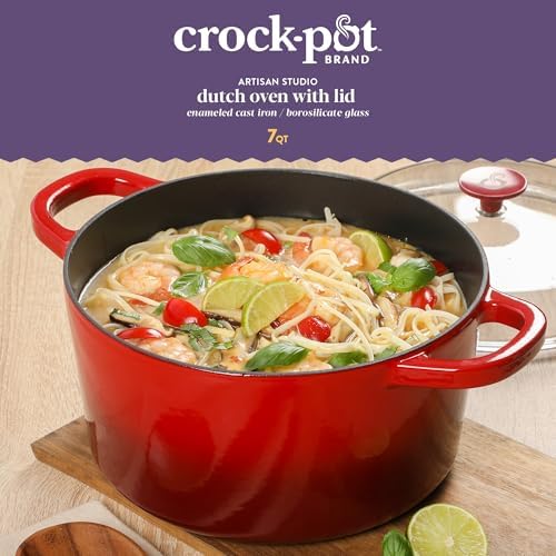 Crock Pot Artisan 7-Quart Round Enameled Cast Iron Dutch Oven With Oven Safe Borosilicate Glass Lid, Heavy-Duty Cookware for Baking, Roasting & Slow Cooking, Red
