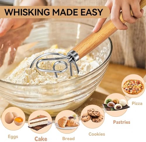 TEEVEA Danish Dough Whisk Wooden Handle Stainless Steel for Sourdough Bread