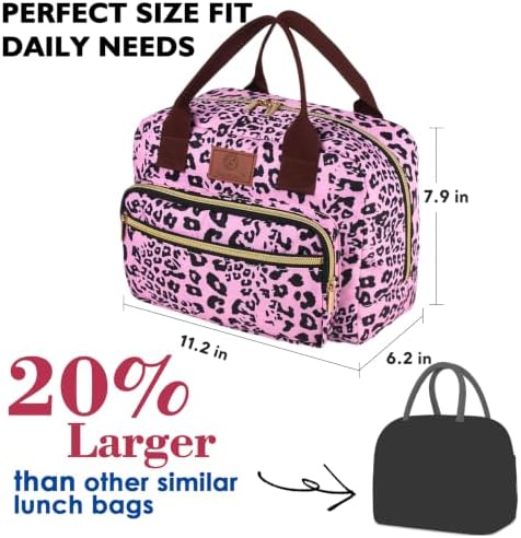 Insulated Lunch box for Women,Leakproof Quilted Thermal Lunch Bag, 14L Large Capacity Lunch Tote Bag Lightweight LunchBox Cooler for Work, School, Picnic or Travel with 2 Front Pocket-Leopard print