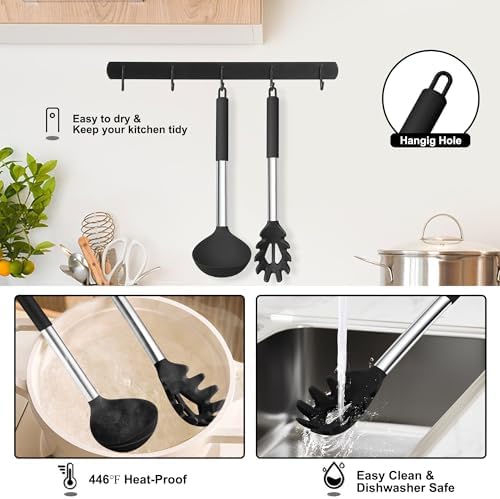 TeamFar Silicone Pasta Fork and Ladle, Nonstick Kitchen Utensils, Black