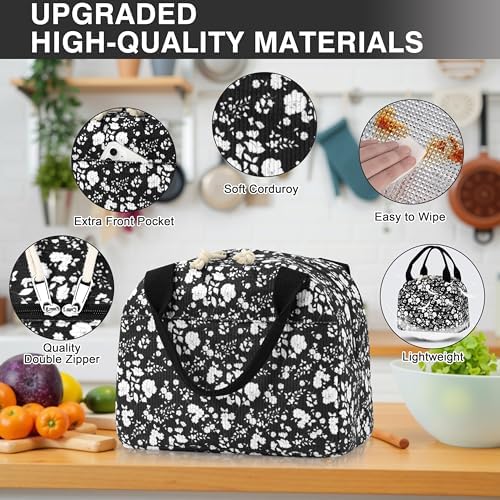 TESAFNG Lunch Bag - Insulated Lunch Box for Women, Reusable Large Capacity Cooler Bag for Adult, Small Leakproof Cute Corduroy Lunch Tote for Work Office Travel Picnic (Corduroy White-Flower)