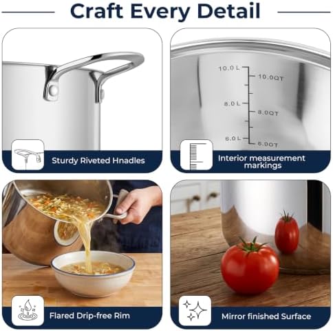 E-far 10QT Stainless Steel Stock Pot with Lid, Induction Cooking Pot