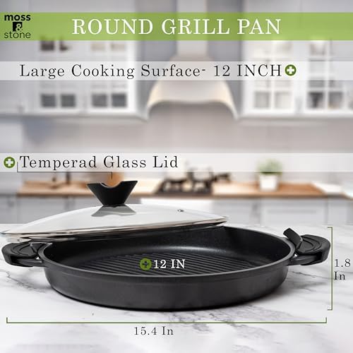 Moss & Stone 12" Grill Pan for Indoor Cooking, Nonstick Pan with Glass Lid