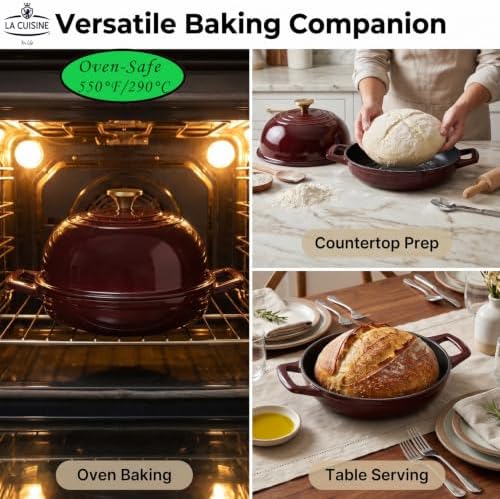 La Cuisine Enameled Cast Iron Round Bread Dutch Oven for Sourdough Crusty Bread & High‑Heat Baking. Oven-Safe 550°F/287°C, Internal Matte Black Enamel Coating, 5 QT, Cranberry