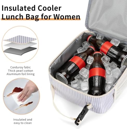 Lunch Box for Women Men Adult Insulated Lunch Bag Women Men Small Reusable Lunchbox for Work Picnic Travel (Purple Stripes)