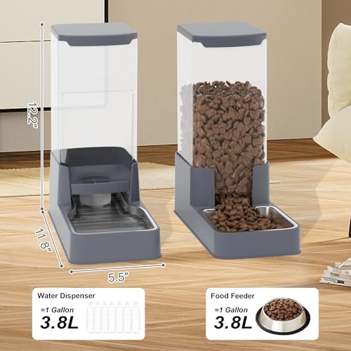 Automatic Cat Feeder and Water Dispenser in Set with Pet Food Bowl,Gravity Dog Waterer and Food Feeder for Small Medium Dog Cat Puppy Kitten Large Capacity(3.8L,Grey,Stainless Steel Bowl)