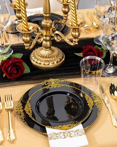 Nervure 350Pcs Black Plastic Plates, Plastic Dinnerware Set for 50 Guests