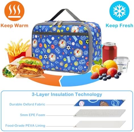 FlowFly Kids Lunch box Insulated Soft Bag Mini Cooler Back to School Thermal Meal Tote Kit for Girls, Boys,football