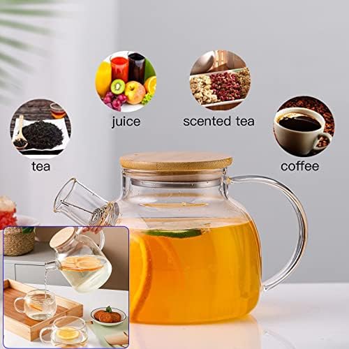 JOUALY Glass Teapot 34oz/1000ml, Stovetop & Microwave Safe Borosilicate Tea Pot,Clear Teapot with Strainer, Glass Tea Kettle with Wooden Lid for Loose Leaf、Fruit Tea and Fragrant Tea