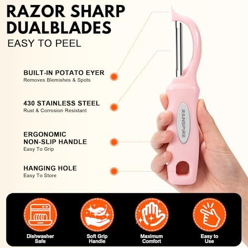 Rainspire Vegetable Peeler Potato Peelers for Kitchen, Sharp Stainless Steel Blades Veggie, Comfortable Handle Fruit Peeler, Carrot Peeler Apple Peeler Dishwasher Safe (2, Pink)