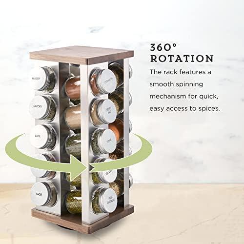 Kamenstein 20 Jar Vintage Revolving Countertop Spice Rack Organizer with Spices Included, FREE Spice Refills for 5 Years, Wood and Stainless Steel with Metal Caps