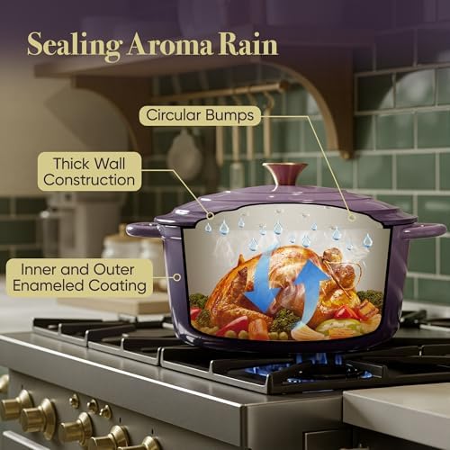 Vintage Style Oval Dutch Oven for Bread Baking, 4.5 Quart Non Stick Enameled Cast Iron Dutch Oven Pot with Lid, Oven Safe Oval Casserole with Lid up to 500°F for Baking, Braising, Stews, Roasting, Purple