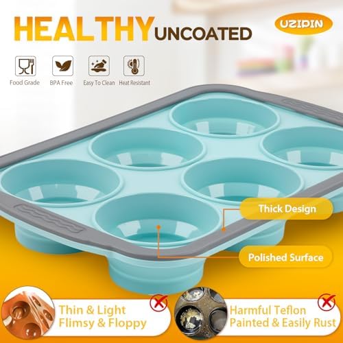 Silicone Muffin Pan, 6 Cups Non-Stick Cupcake Pan, Food-Grade BPA-Free Muffin Tin, Oven-Safe 450 °F, Reinforced Steel Frame, Easy-Grab Handles, Quick-Release 2.7" Baking Molds for Mini Treats