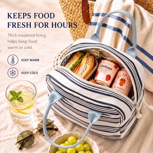LOVELYWIND Lunch Box for Women, Insulated Lunch Bag, Navy Stripe Tote