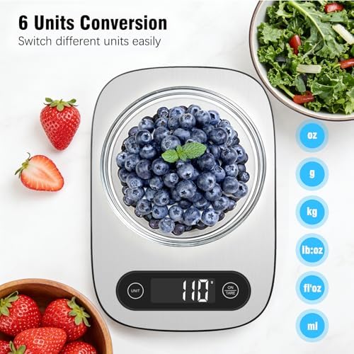 Food Scale, 11lb Kitchen Scale with 6 Units Tare Function & Backlit LCD, Precise 1g Stainless Steel Digital Scale, Hanging Design for Baking, Cooking, Healthy Eating and Meal Prep (Batteries Included)