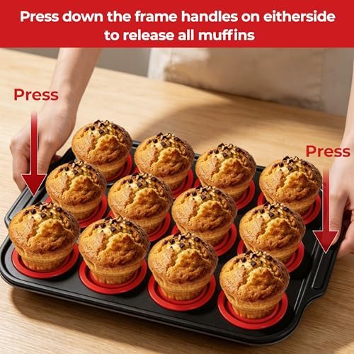 12-Cup Collapsible Silicone Muffin Pan with Metal Frame & Spatula - Space Saving Foldable Cupcake Tray - Easy Release Baking Mold for Egg Bites, Muffins & Tart - Dishwasher Safe Red