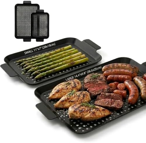 Grill Pan Set for Outdoor BBQ - 2PCS Non-Stick Enamel Grill Topper with Holes, Dishwasher Safe, Charcoal & Gas Grill Compatible (Large 14.4"x9.8" + Small 11"x7")