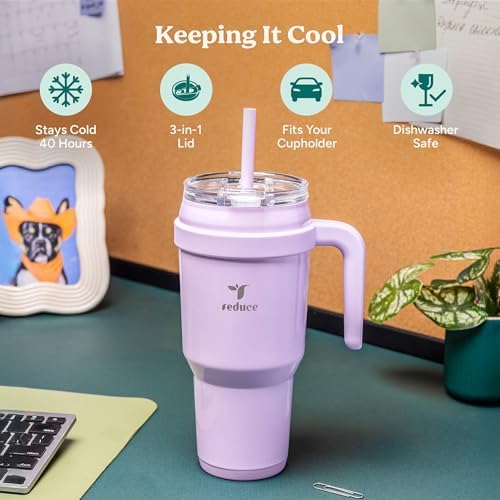 REDUCE 40 oz Stainless Steel Tumbler with Handle - Dual-Wall Vacuum Insulated Travel Mug, Sweat-Proof Lid & Reusable Straw - Keeps Drinks Cold for 24 Hrs, Fits Cupholders, Dishwasher Safe - Matcha