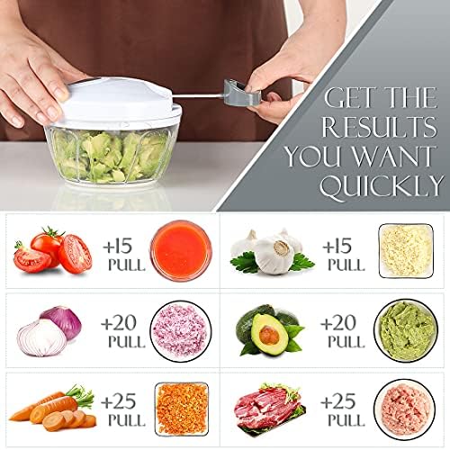 Ourokhome Manual Food Processor Vegetable Chopper, Portable Hand Pull String Garlic Mincer Onion Cutter for Veggies, Ginger, Fruits, Nuts, Herbs, etc., 500ml, White