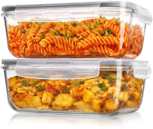 Large Glass Food Storage Containers with Lids, 2 Pack, 8 Cups/ 63oz