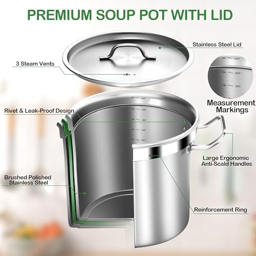 STOCKPOT Stainless Steel 24 Quart Stock Pot with Lid, 3-Ply Base, Soup Pot 6 Gallon, Polished Finish, Suitable for Stovetop and Oven, Dishwasher Safe