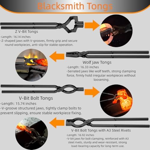 Blacksmith Tongs Set, 17 Inch Carbon Steel Forging Tongs, 4-Piece Professional Blacksmithing Tools for Beginners and Expert Craftsmen