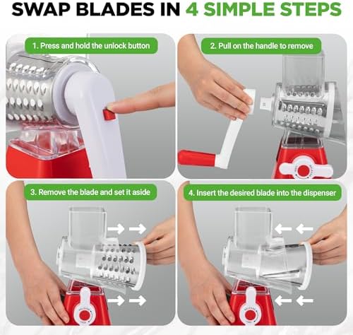 Nutrichef 3 in 1 Cheese Grater & Shredder | Strong Suction Base, Rotary Handle with Safety Lock | Includes Hand Crank & 3 Drum Blades for 3 Textures, Fine, Medium & Strips | Red