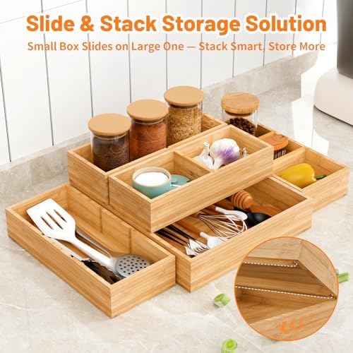 Bamboo Drawer Organizer, 10-Piece Stackable Trays with Removable Dividers