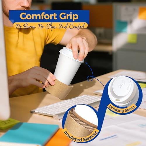 Fit Meal Prep 100 Pack 8 oz Disposable Coffee Cups with Lids, Sleeves, Leak-Proof To Go Coffee Cups with Lids, Durable Hot Paper Cups for Hot Cocoa and Coffee Bar Supplies