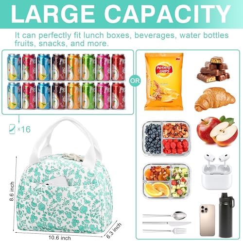 TESAFNG Lunch Bag - Insulated Lunch Box for Women, Reusable Large Capacity Cooler Bag for Adult, Small Leakproof Cute Corduroy Lunch Tote for Work Office Travel Picnic (Corduroy Teal-Flower)