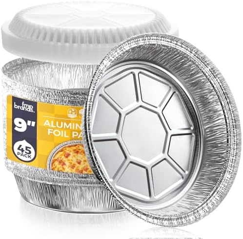 Fit Meal Prep 45 pack 9" Round Aluminum Foil Pans with Clear Dome Lids, Pie Tins Disposable 9 inch with Lids, Take Out Containers, Freezer Oven Safe Aluminum Baking Pans for Storing, Cooking, Storage