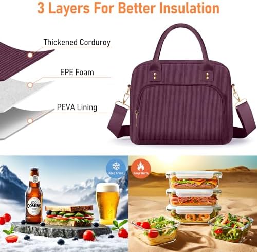 Lunch Bag Large Insulated Lunch Box for Women Men Adult Cute Purple Lunchbox Corduroy Lunch Bags Boxes Pail with Adjustable Shoulder Strap for Work Mom Picnic Office Travel 11.4×6.8×9.1 inches 11.5L