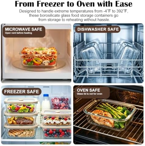 21 oz Glass Meal Prep Containers with Glass Lids, 6 Pack