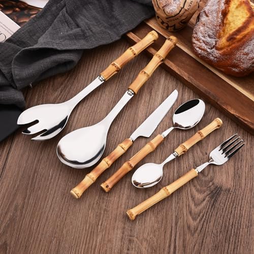 Bamboo Handle Silverware Set, 24-Piece Flatware Set for 6, Stainless Steel Cutlery Eating Utensils Include Forks Spoons and Knives for Daily Use and Party, Reusable and Modern Design