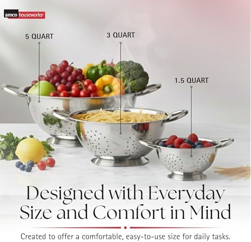 Amco 3-Piece Stainless Steel Colander Set, 1.5 Qt, 3 Qt & 5 Qt - Silver