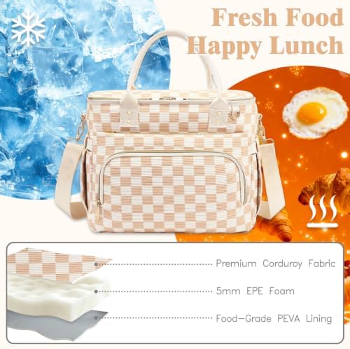 GYEUKHAM Insulated Lunch Bag for Women Men,Extra Large Lunch Box, Leakproof Reusable Cooler Tote for Adult, Everyday Soft Lunch Tote Bag for Work College Picnic Travel,C-Khaki Checkered
