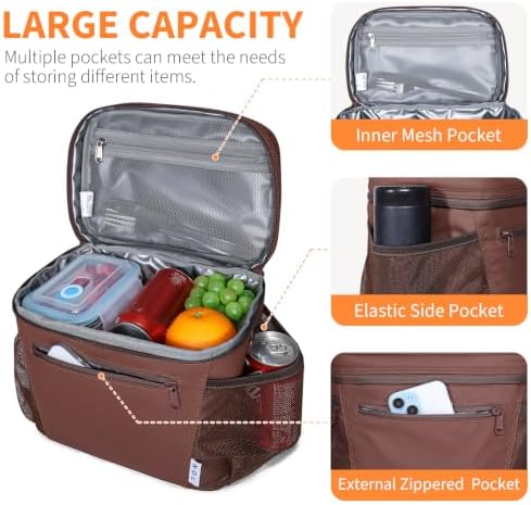 NOL Insulated Lunch Bag for Women Men Adults, Reusable Lunch Tote with Adjustable Shoulder Strap, Leakproof Thermal Food Cooler Bag with Front Pocket and Side Mesh Pockets for Work Travel, Coffee